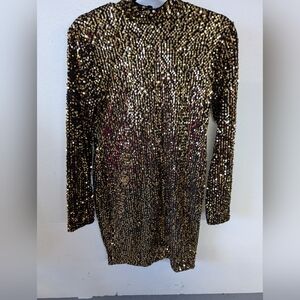 Gold Sequin Dress Long Sleeves Open Back Knee Length Size M